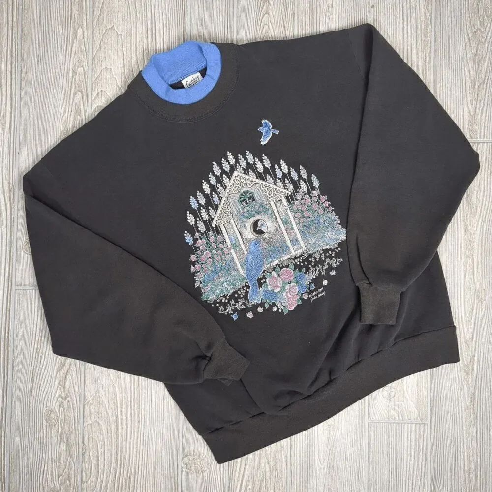 Vintage Gopher Sport Women’s Large Black Blue Jay Bird Garden Sweater Granny